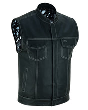 Men's Paisley Black Leather Motorcycle Vest with White Stitchin