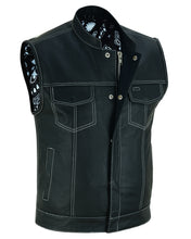 Men's Paisley Black Leather Motorcycle Vest with White Stitchin