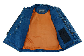 BU Concealed Snap Closure, Denim Material, Scoop Collar & Hidden