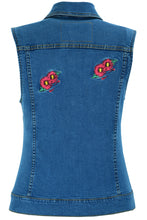 Women's Blue Denim Snap Front Vest with Red Daisy