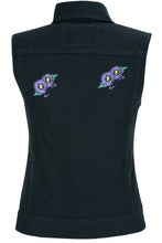 Women's Black Denim Snap Front Vest with Purple Daisy