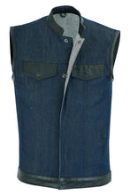 Men's Broken Blue RoughRub-Off Raw Finish Denim Vest W/Leather