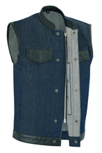 Men's Broken Blue RoughRub-Off Raw Finish Denim Vest W/Leather