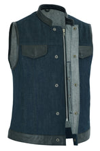 Women's Broken Blue Rough Rub-Off Raw Finish Denim Vest W/Leath