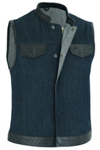 Women's Broken Blue Rough Rub-Off Raw Finish Denim Vest W/Leath