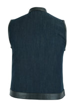 Women's Broken Blue Rough Rub-Off Raw Finish Denim Vest W/Leath