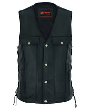 Men's Black Leather Vest with Side Laces and Gun Pockets