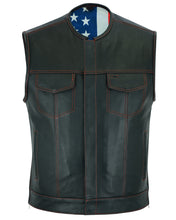 Men's Leather Vest with Red Stitching and USA Inside Flag Linin