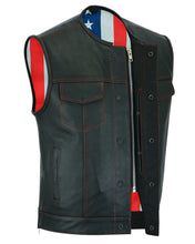 Men's Leather Vest with Red Stitching and USA Inside Flag Linin