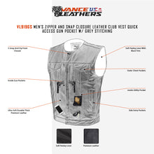 VL919GS Men's Zipper and Snap Closure Leather Club Vest Quick Access Gun Pocket w/ Grey Stitching infographic