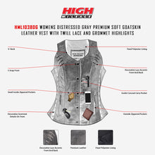 HML1038DG Ladies Lightweight Distressed Gray Leather Vest with Grommeted Twill and Lace Highlights infographic