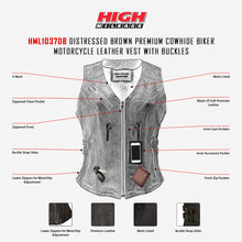 HML1037DB Ladies Distressed Brown Vest with Buckles infographic