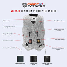 VB915BK & VB915BL Denim Ten Pocket Vest in Black or Blue infographic