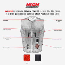 HMM919R High Mileage Men's Zipper and Snap Closure Leather Club Vest Quick Access Gun Pocket w/Red Liner infographic