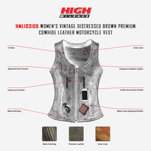 HML1031DB High Mileage Women's Distressed Brown Three-Zipper Cowhide Leather Vest infographic