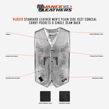 VL921S Standard Leather Men's Plain Side Vest Conceal Carry Pockets & Single Seam Back infographic