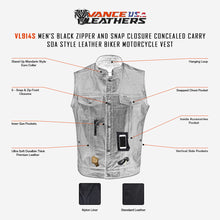 VL914S Vance Leather Zipper and Snap Closure Leather Motorcycle Club Vest infographic