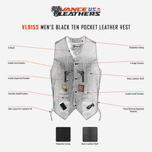 VL915S Vance Leather Men's Ten Pocket Vest of Basic Leather infographic