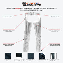 VL806S Zip-Out Insulated Pant Style Motorcycle Leather Chaps infographic