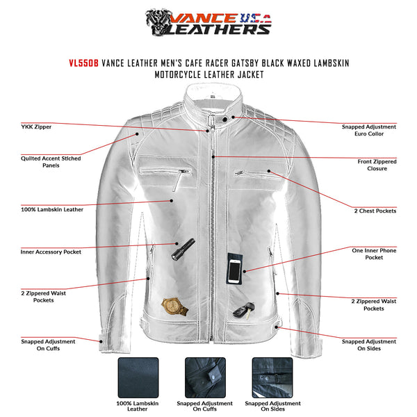 VL550B Vance Leathers' Men's Cafe Racer Gatsby Black Waxed Lambskin Motorcycle Leather Jacket infographic