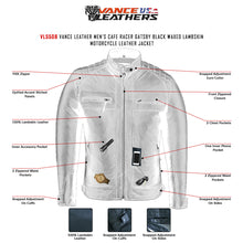 VL550B Vance Leathers' Men's Cafe Racer Gatsby Black Waxed Lambskin Motorcycle Leather Jacket infographic