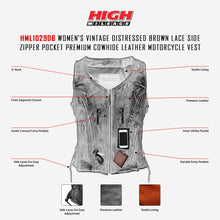 HML1029DB Vance Leather High Mileage Ladies Distressed Brown Lace Side Vest infographic