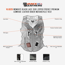 VL1029 Vance Women's Black Lace Side Zipper Pocket Premium Cowhide Leather Biker Motorcycle Vest infographic