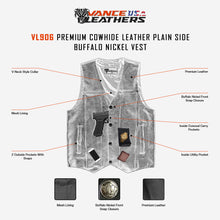 VL906 Premium Cowhide Leather Plain Side Buffalo Nickel Vest infographic