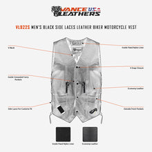 VL922S Vance Leather Men's Economy Leather Lace Side Vest W/ Gun Pocket infographic