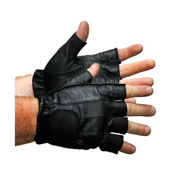 Mens Black Gel Palm Shorty Leather Motorcycle Gloves